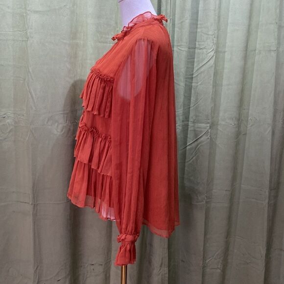 Adam Lippes Orange Cuffed Sleeve Blouse with Mandarin Collar, US0 - Picture 10 of 16